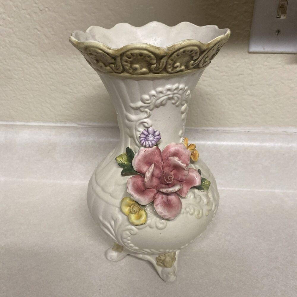 Capodimonte  Italy porcelain Vintage Large 9 3/4” Tall Vase Applied Flowers